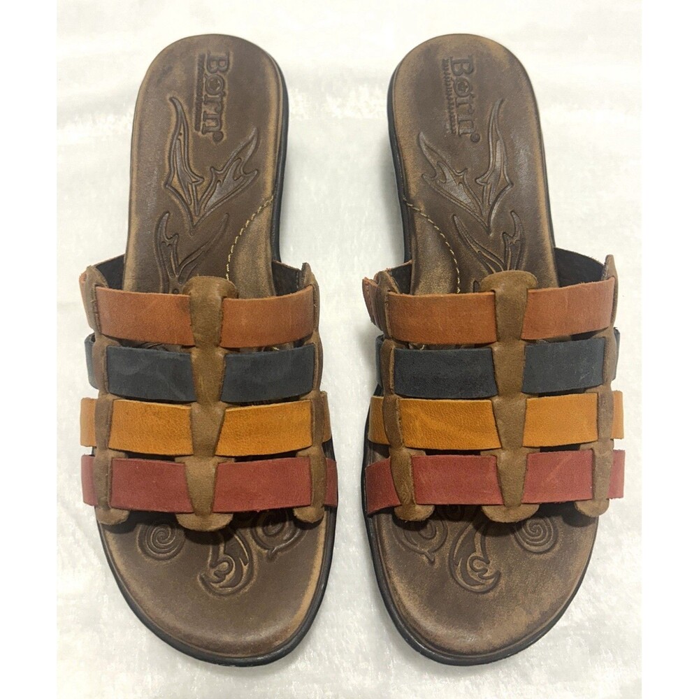 Born Lolo Slide Sandals Womens Size 7 US 38 EU Brown Orange Red Blue Leather - Picture 5 of 9